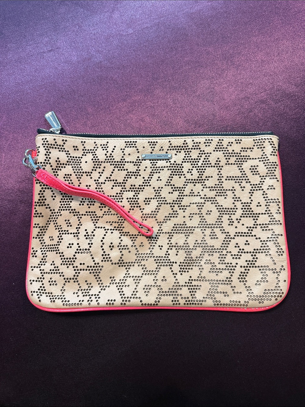Rebecca Minkoff Beige Perforated Wristlet Clutch with Pink Trim